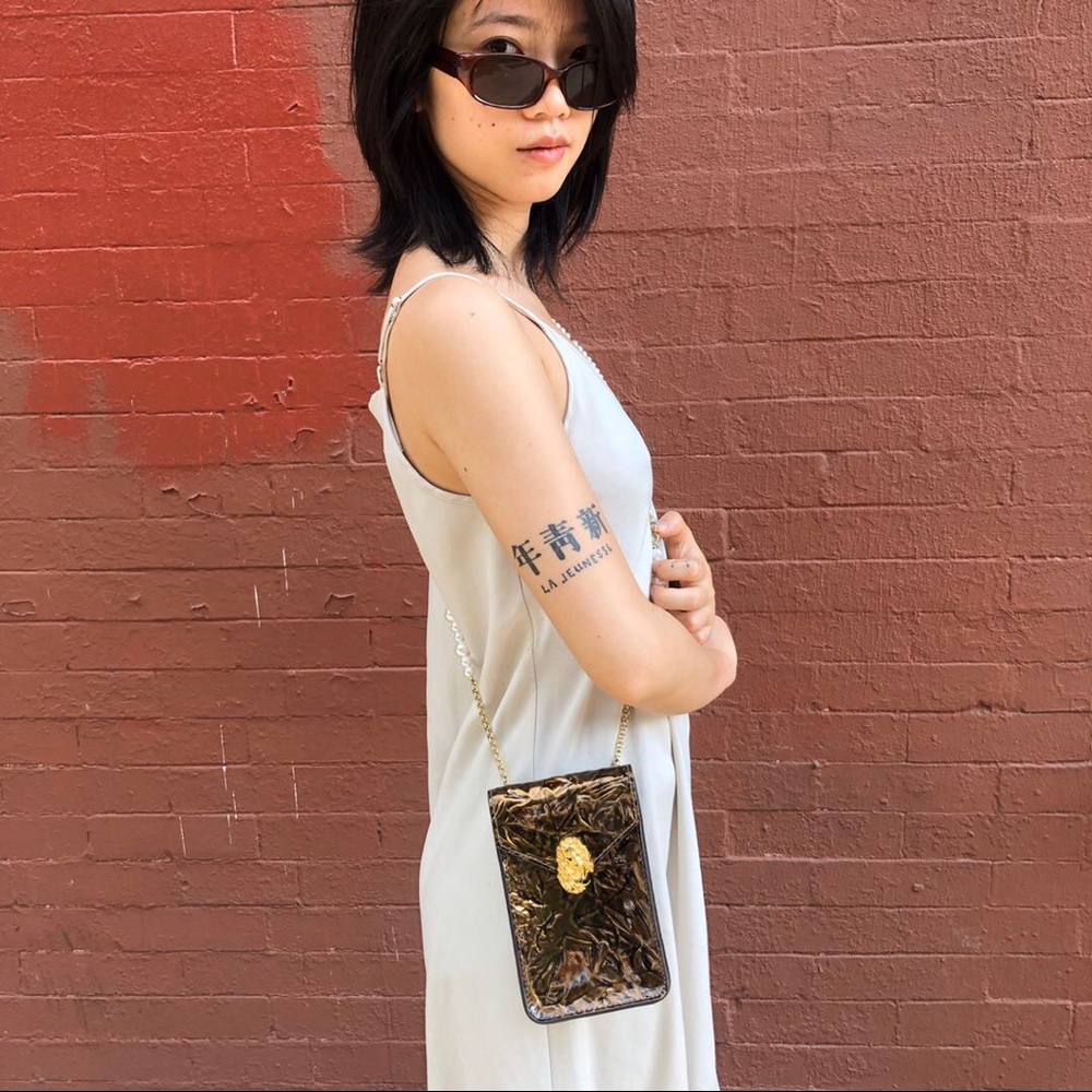 Leather Crossbody Bag with Pearl Chain